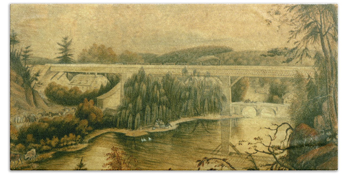 Bridge Beach Towel featuring the drawing Bridge over the Wissahickon Creek, about 1835 by William Breton