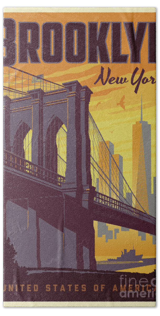 Brooklyn Beach Towel featuring the digital art Brooklyn Poster - Vintage Brooklyn Bridge by Jim Zahniser