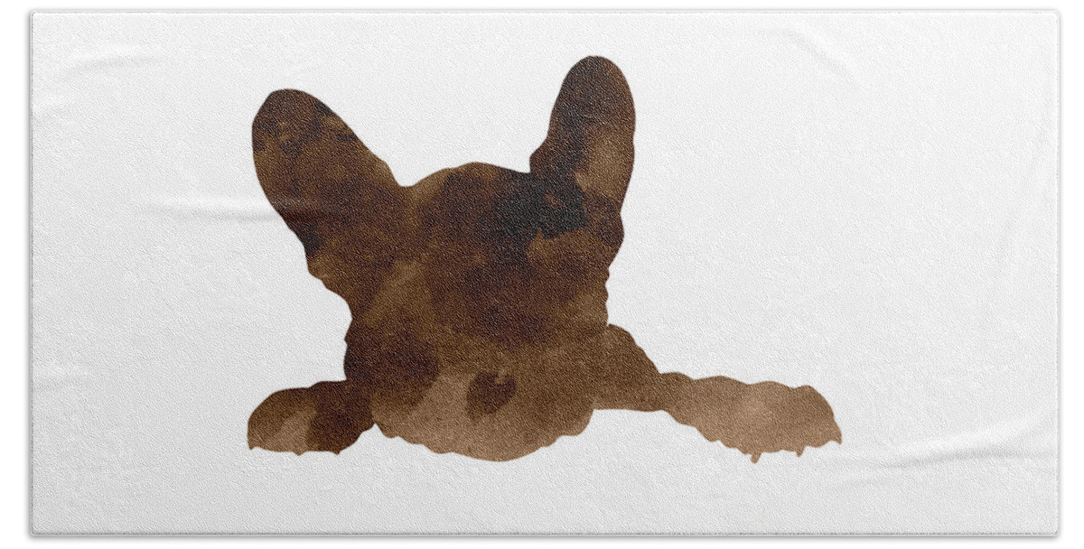 Frenchie Beach Towel featuring the painting Brown silhouette of a Frenchie's face and front paws by Joanna Szmerdt