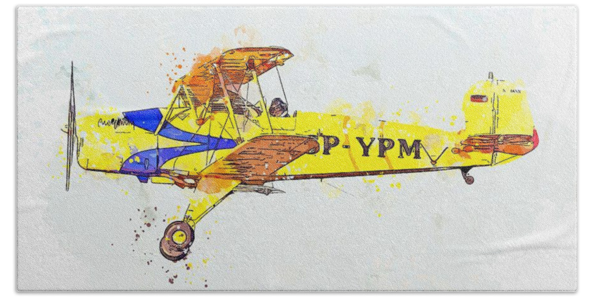 Plane Beach Towel featuring the painting Bucker Bu 131 watercolor by Ahmet Asar by Celestial Images