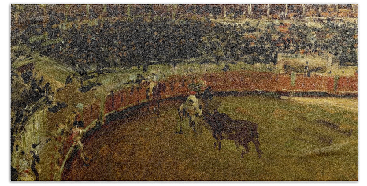 Bullfight Beach Towel featuring the painting 'Bullfight', ca. 1869, Spanish School, Oil on canvas, 30,3 cm x 46,2 cm... by Mariano Fortuny y Marsal -1838-1874-