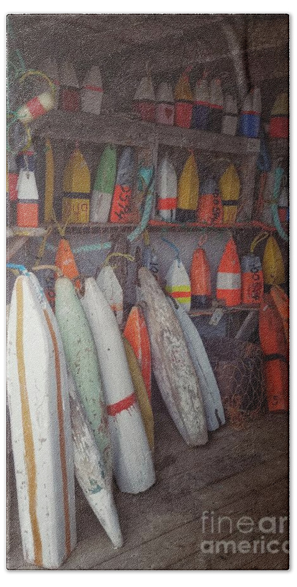 Buoys Beach Towel featuring the photograph Buoys in a sea shack by Mary Capriole