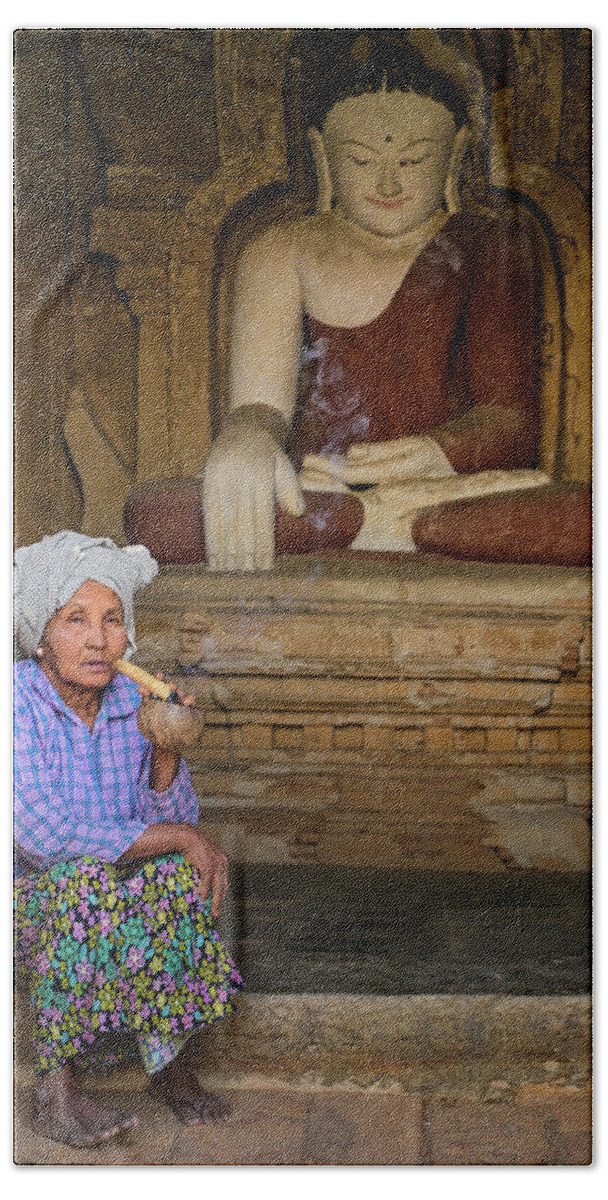 Woman Beach Towel featuring the photograph Burmese woman relaxing at temple entrance by Ann Moore