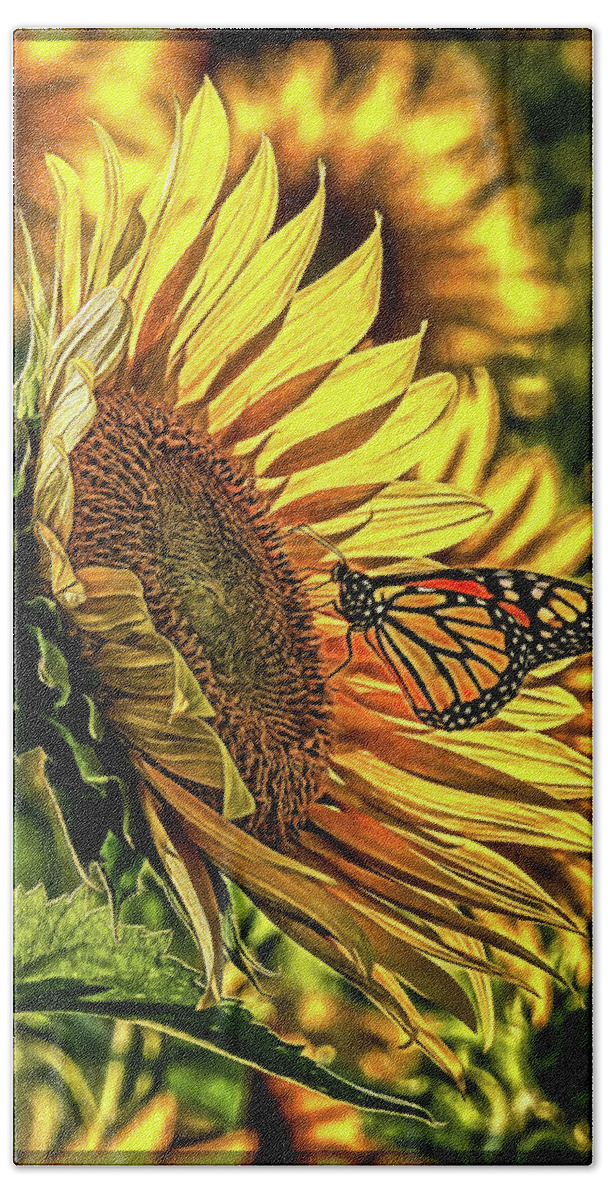Marias Field Of Hope Beach Towel featuring the digital art Butterfly and Sunflower at Maria's Field of Hope by Mark Madere