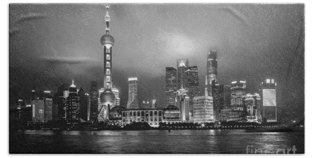  China Shanghai Beach Towel featuring the photograph BW Skyline in Shanghai by Steven Liveoak