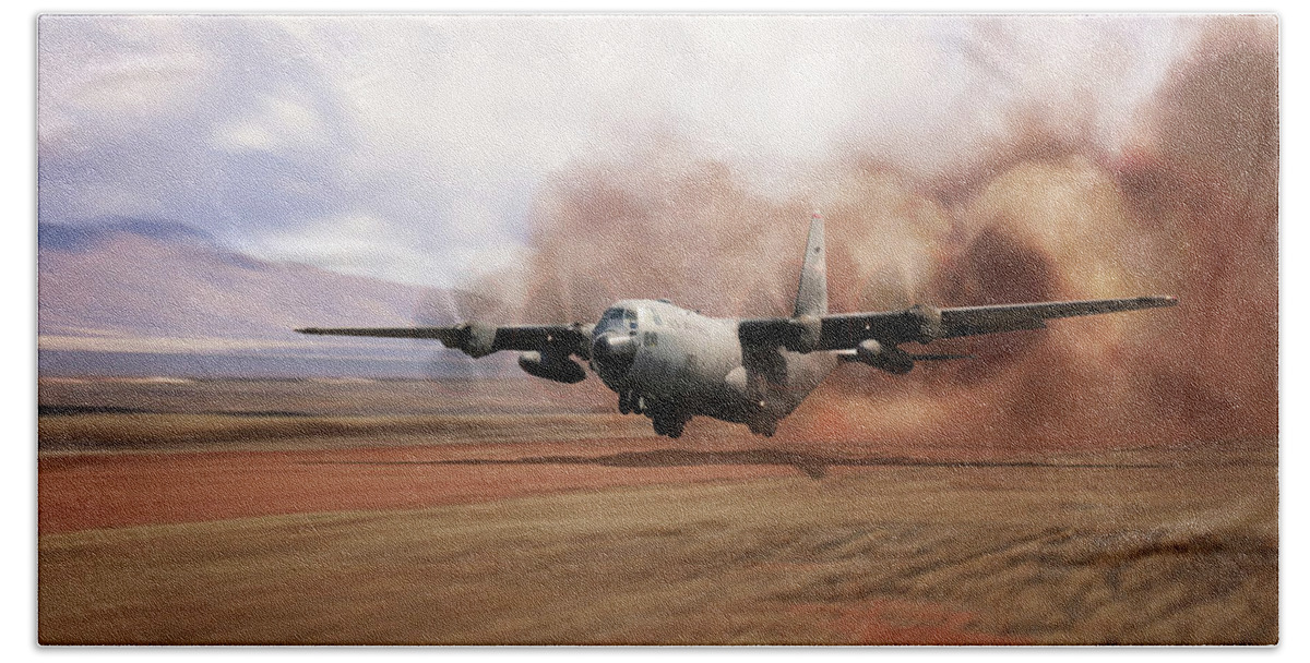 C-130 Hercules Beach Towel featuring the digital art C130 Dirt Strip Landing by Airpower Art