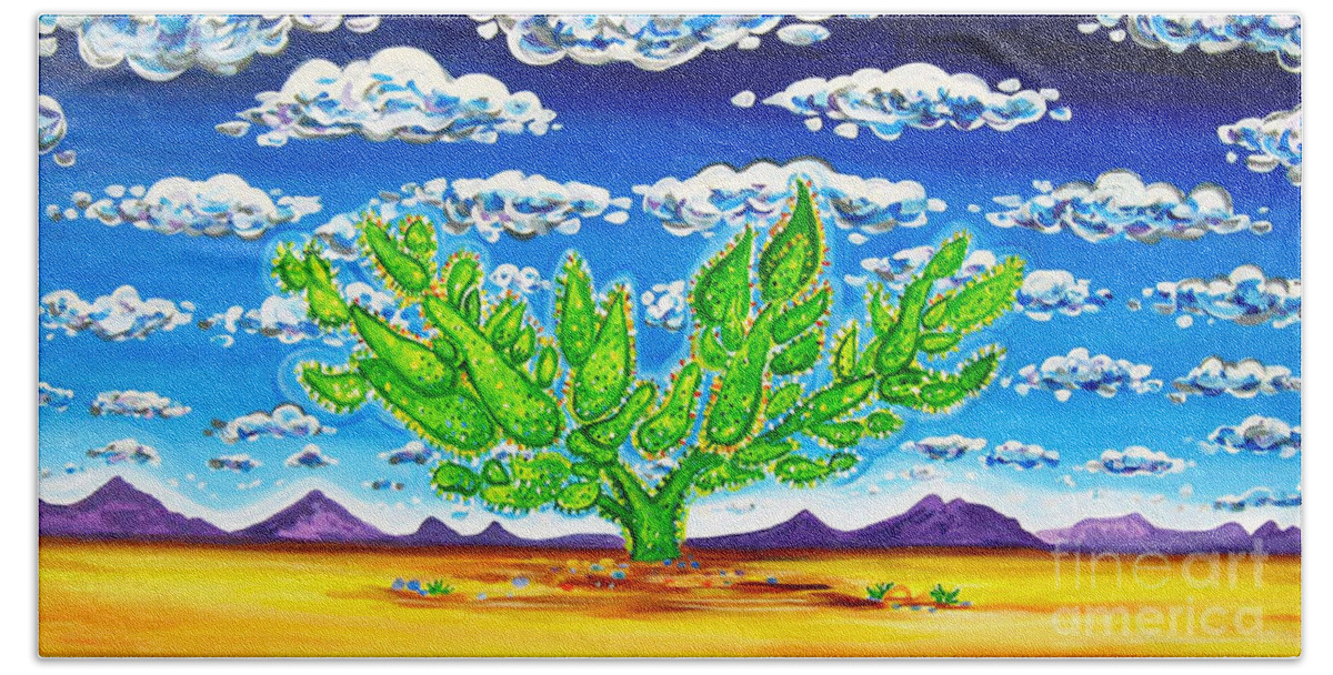 Rachel Houseman Beach Towel featuring the painting Cactus in the Clouds II by Rachel Houseman