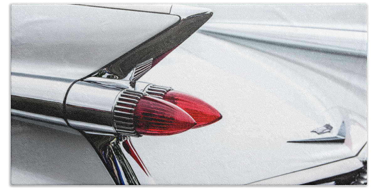 White Cadillac Beach Towel featuring the photograph Cadillac tail fins by Ron Roberts