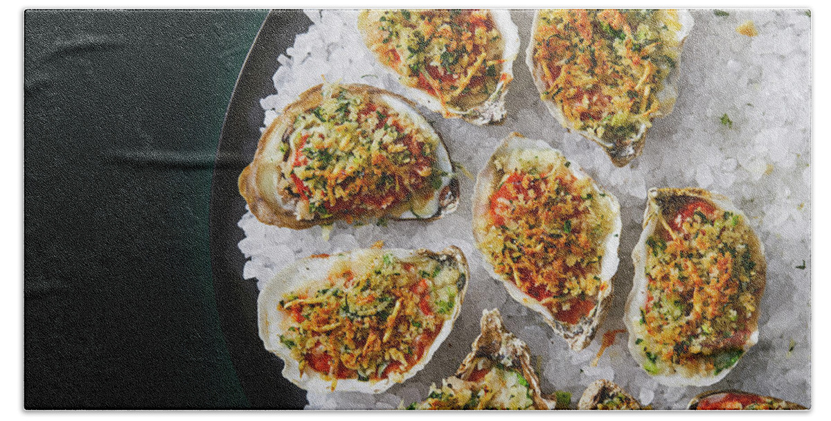 Cuisine At Home Beach Towel featuring the photograph Cajun oysters on the half shell by Cuisine at Home