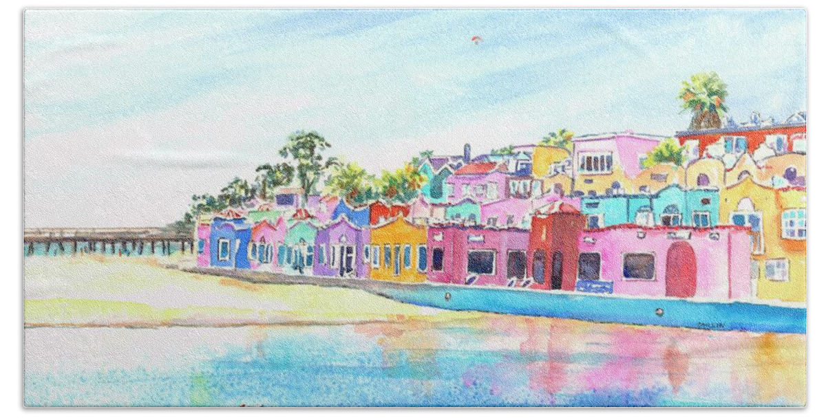 Capitola Beach Towel featuring the painting Capitola California Colorful Houses by Carlin Blahnik CarlinArtWatercolor