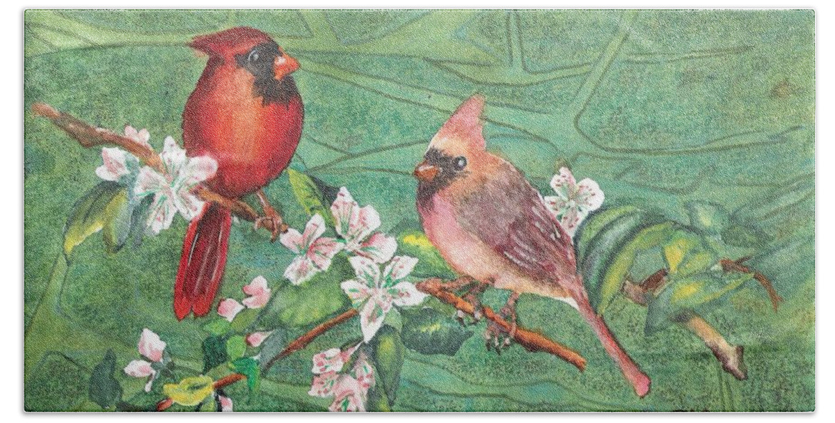 Nature Beach Towel featuring the painting Cardinals and Blossoms by Marsha Woods