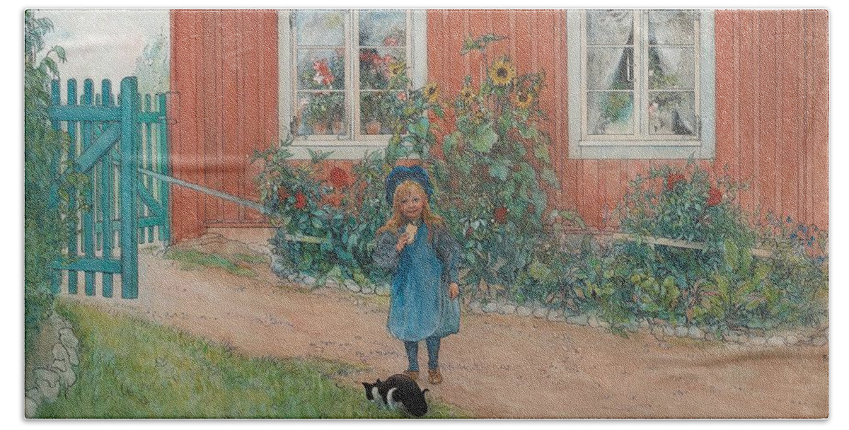 Man Beach Towel featuring the painting Carl Larsson,  Brita, Cat And Sandwich by Celestial Images