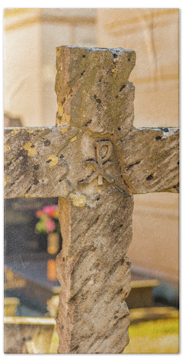 Cross Beach Towel featuring the photograph carved stone Cross by Vivida Photo PC