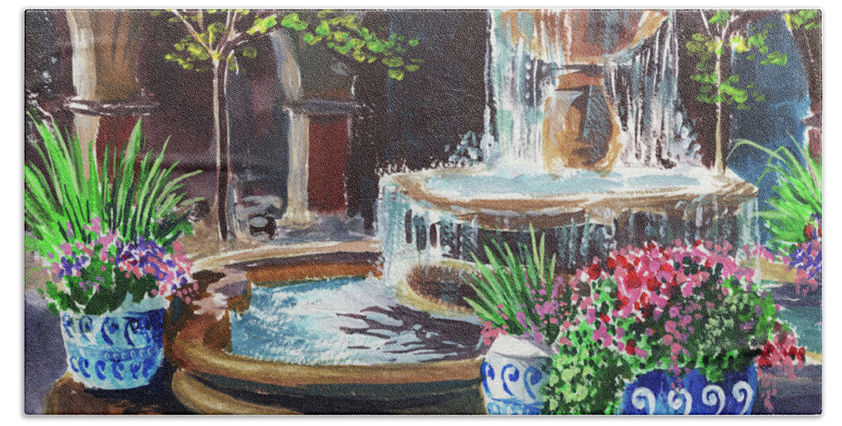 Courtyard Beach Towel featuring the painting Cascading Fountain Summer Garden by Irina Sztukowski