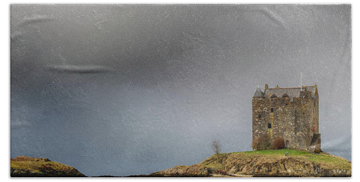  Beach Towel featuring the photograph Castle Stalker Downpour by Grant Glendinning