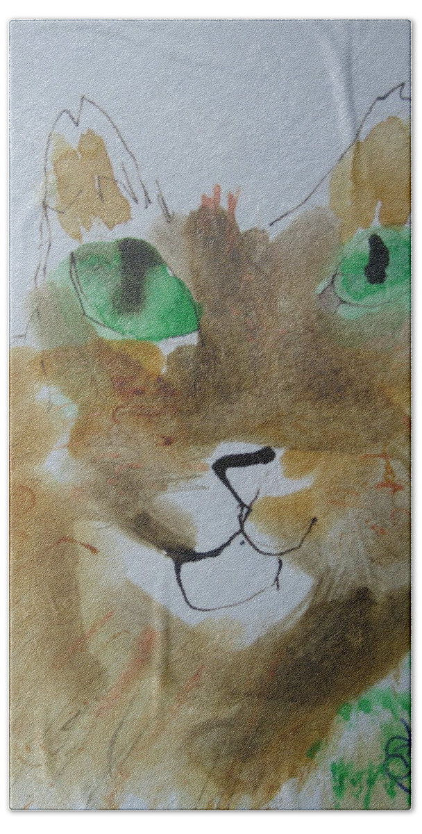 Cat Face Beach Sheet featuring the drawing Cat Face Yellow Brown With Green Eyes by AJ Brown