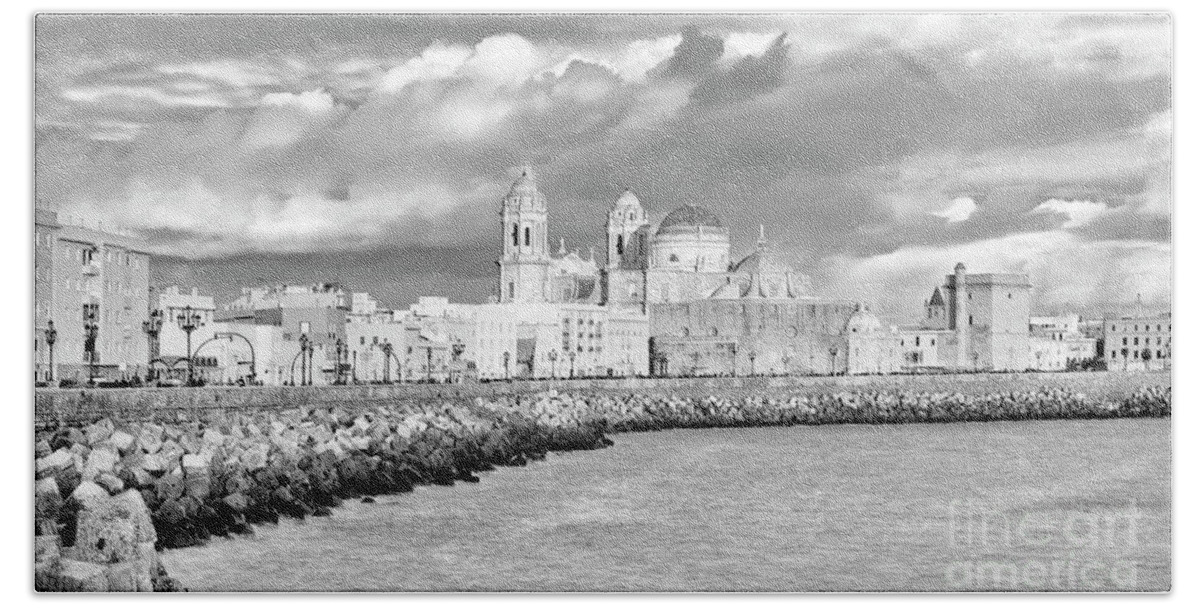 Landscape Beach Towel featuring the photograph Cathedral from Southern Field Cadiz Spain Black and White by Pablo Avanzini