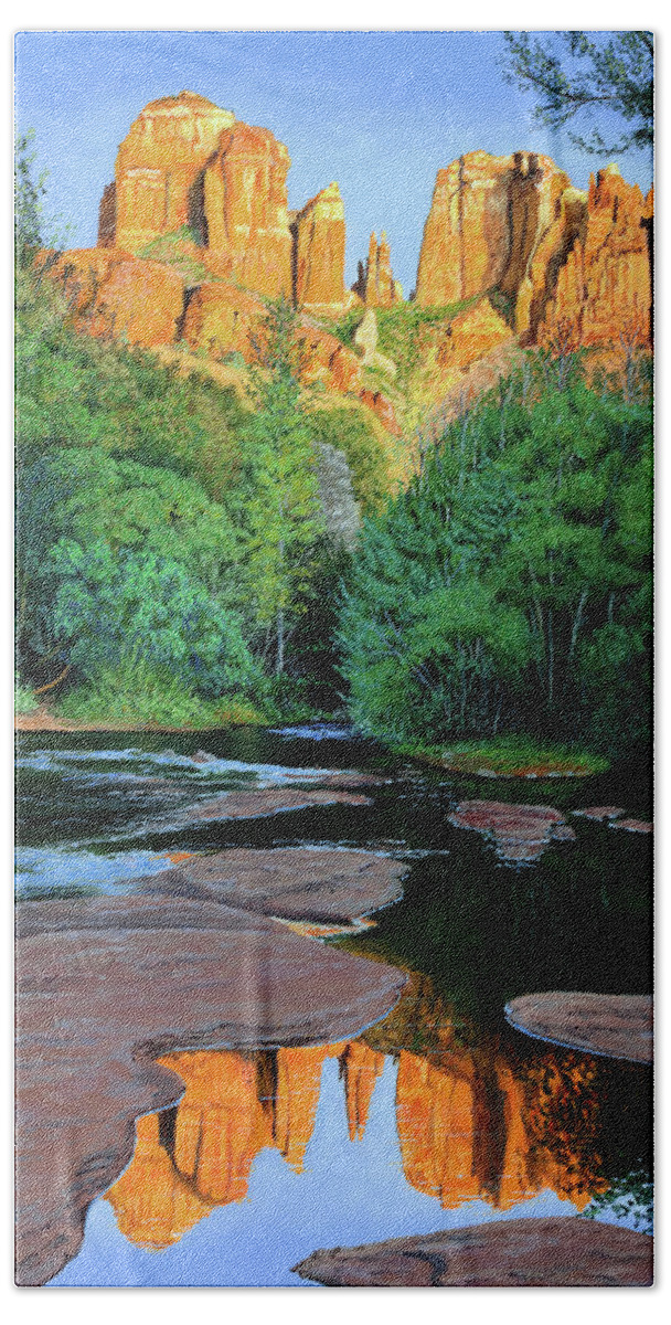 Morning Beach Towel featuring the painting Cathedral Rock at Oak Creek by Timithy L Gordon