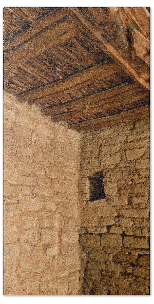 Pueblo Cultures Beach Towel featuring the photograph Ceiling timbers, Aztec Ruin, NM by Segura Shaw Photography