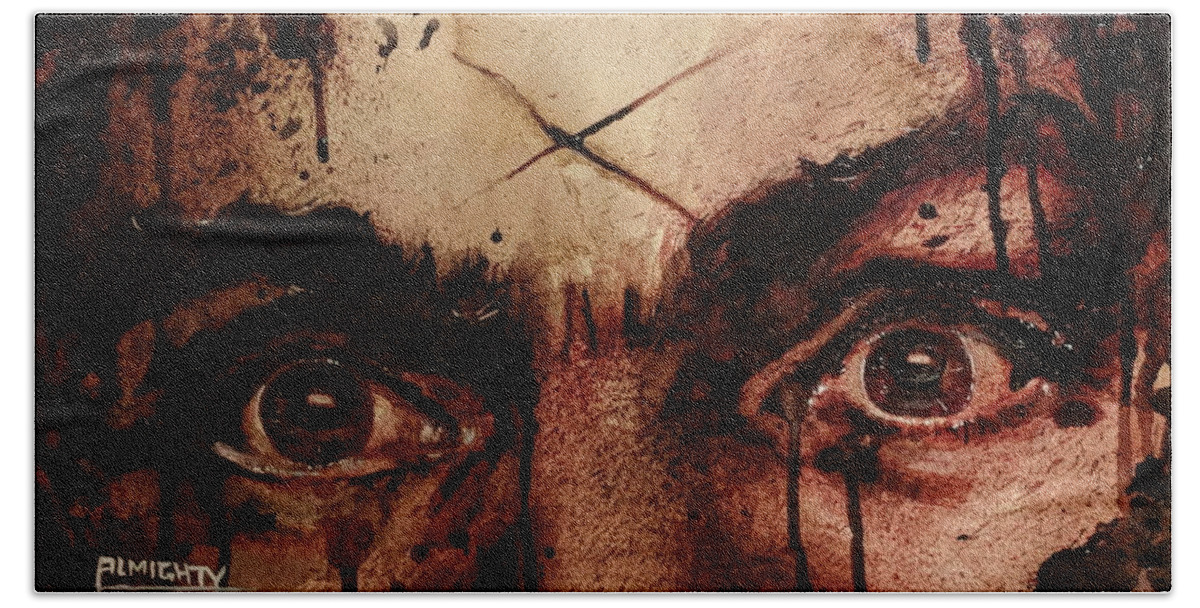 Ryan Almighty Beach Towel featuring the painting CHARLES MANSONS EYES fresh blood by Ryan Almighty