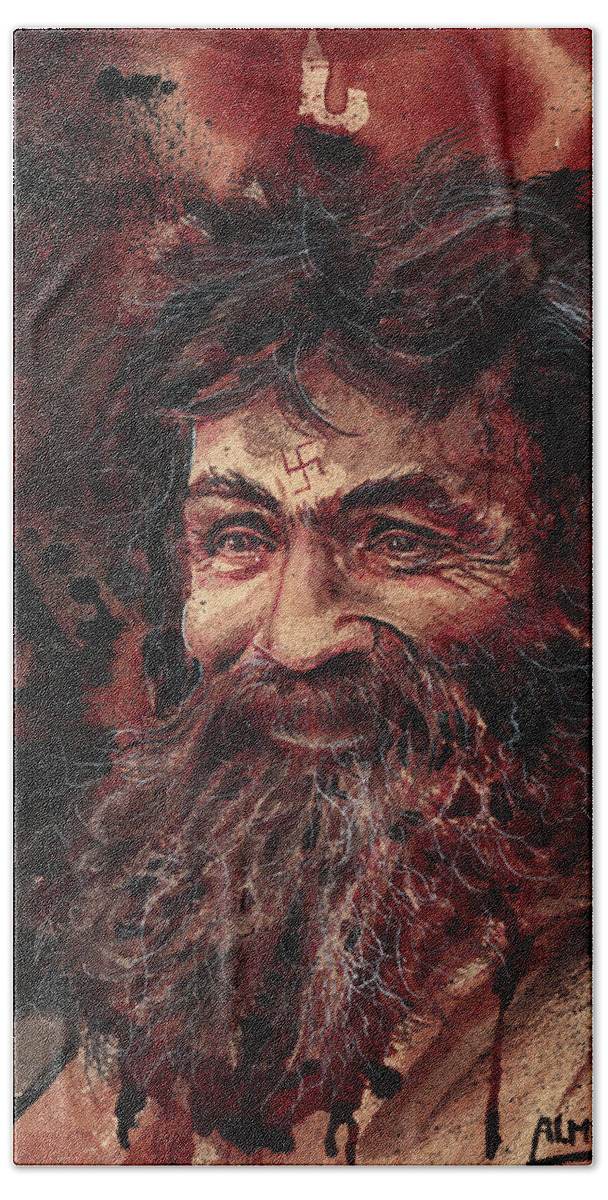 Ryan Almighty Beach Towel featuring the painting CHARLES MANSON portrait dry blood by Ryan Almighty