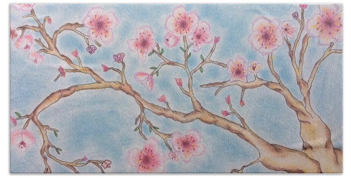 Cherry Beach Towel featuring the pastel Cherry Blossom Branches by Joanna Smith