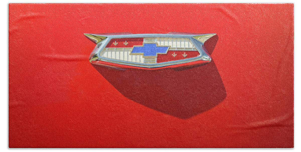 Vehicle Beach Sheet featuring the photograph Chevrolet Emblem on a 55 Chevy Trunk by Scott Norris