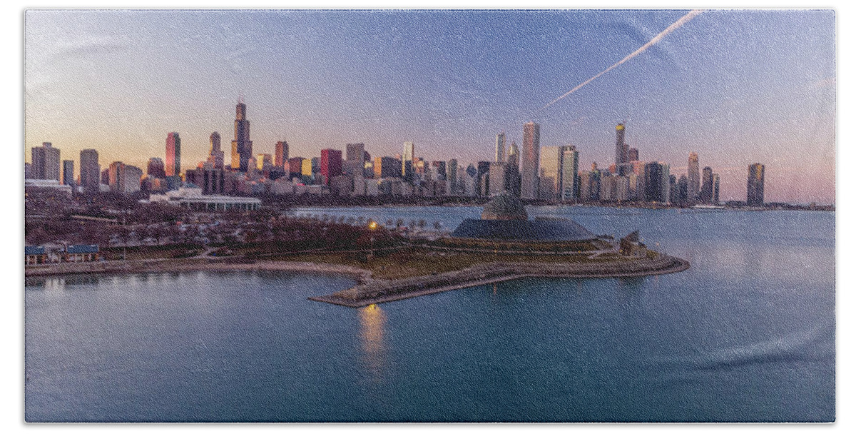 Chicago Beach Towel featuring the photograph Chicago Skyline over Planetarium by Bobby K
