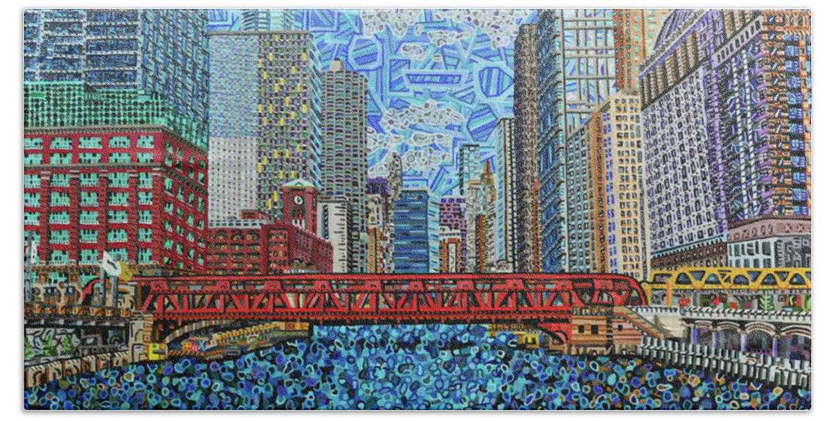 Chicago Beach Towel featuring the painting Chicago Wells Street Bridge 2 by Micah Mullen