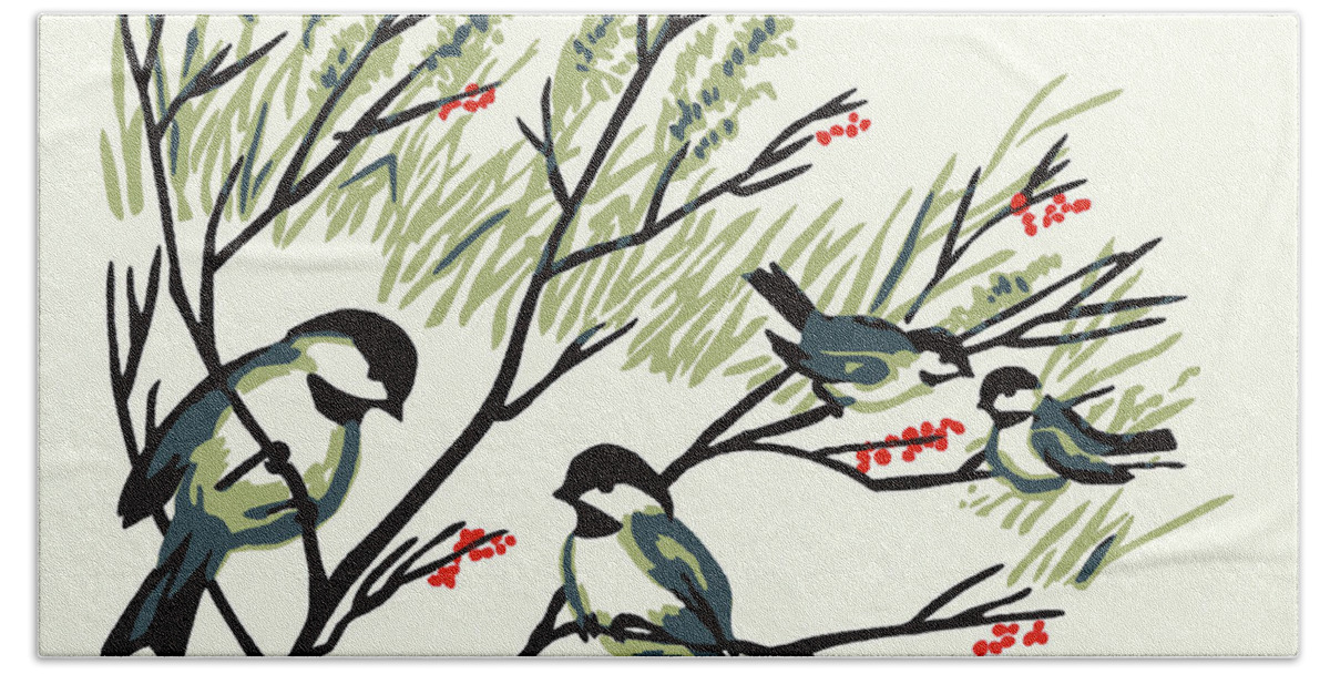 Animal Beach Towel featuring the drawing Chickadees in Tree Branches by CSA Images