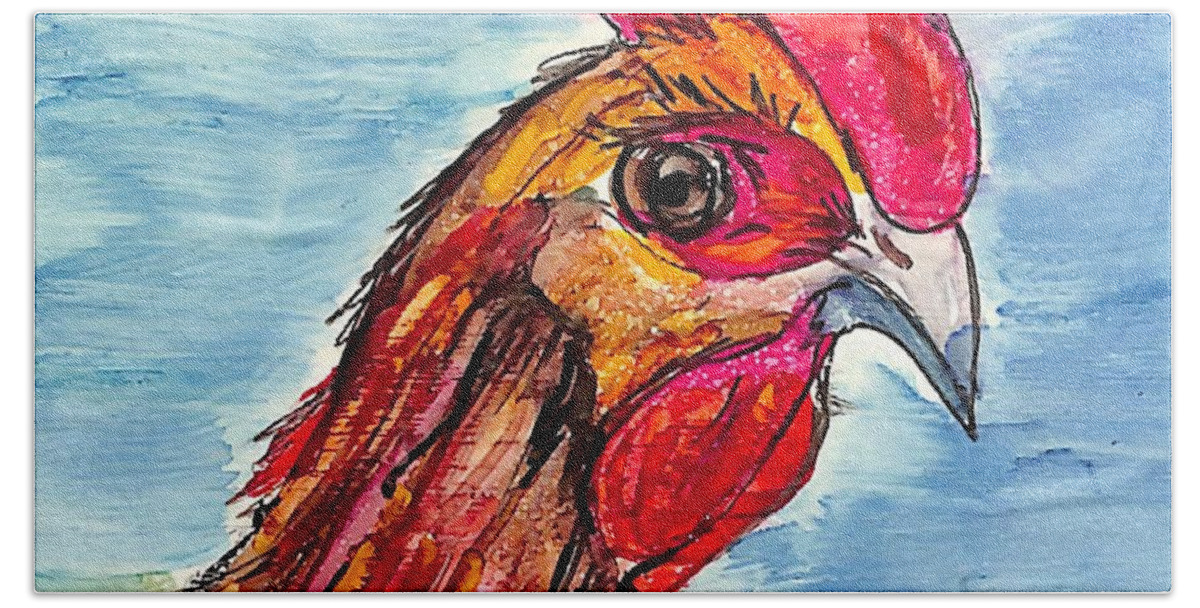 Colorful Chickens Beach Towel featuring the painting Chicken Head 3 by Patty Donoghue