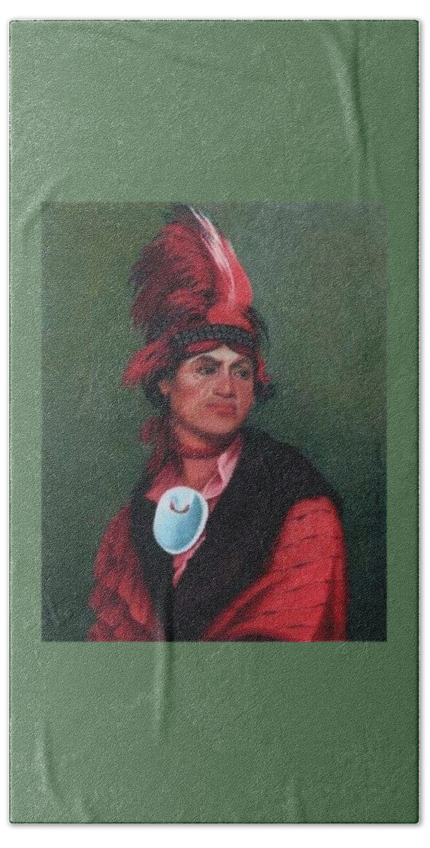 Chief Joseph Brant. Native American Portrait. American Indian Portrait. Feather Plume Headdress. Abalone Shell Necklace. Red Ruffled Shirt. Native American Chief. Mohawk Chief Beach Towel featuring the painting Chief Joseph Brant by Valerie Evans