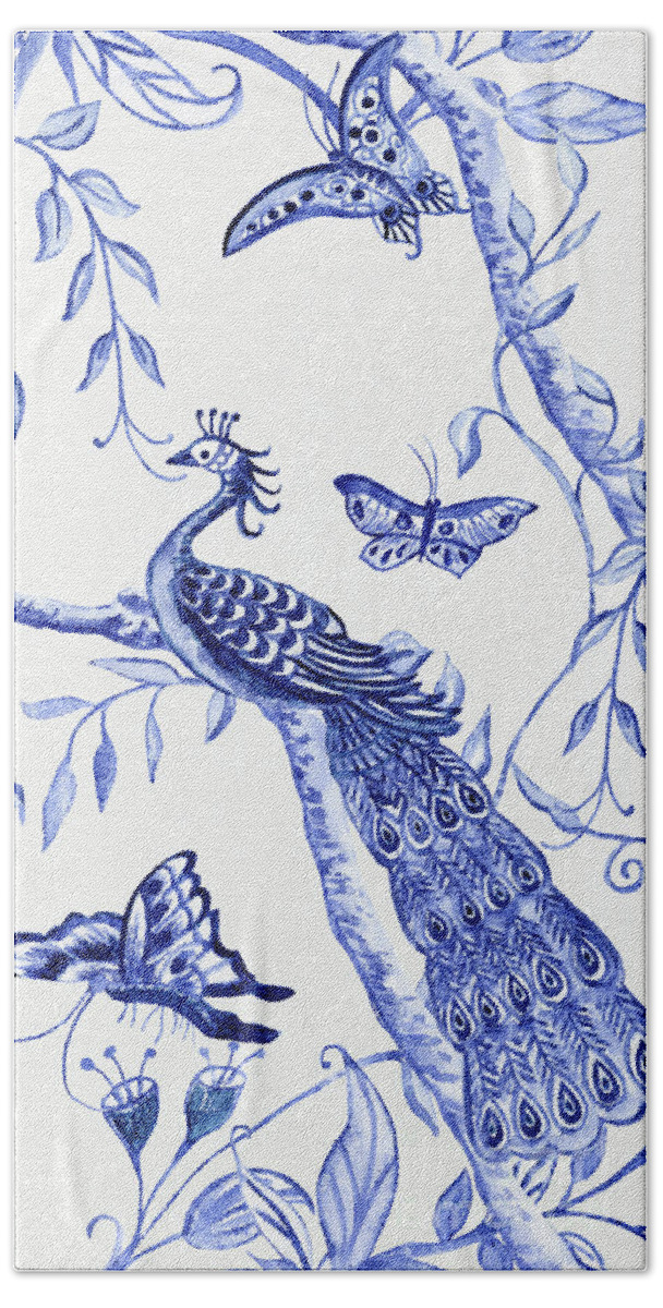 Chinoiserie Beach Towel featuring the painting Chinoiserie Blue and White Peacocks and Butterflies by Audrey Jeanne Roberts