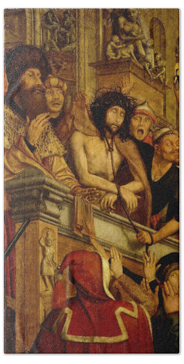 Christ Presented To The People Beach Towel featuring the painting 'Christ Presented to the People', 1518-1520, Flemish School, Oil on panel, 160 c... by Quentin Massys -c 1466-1530-