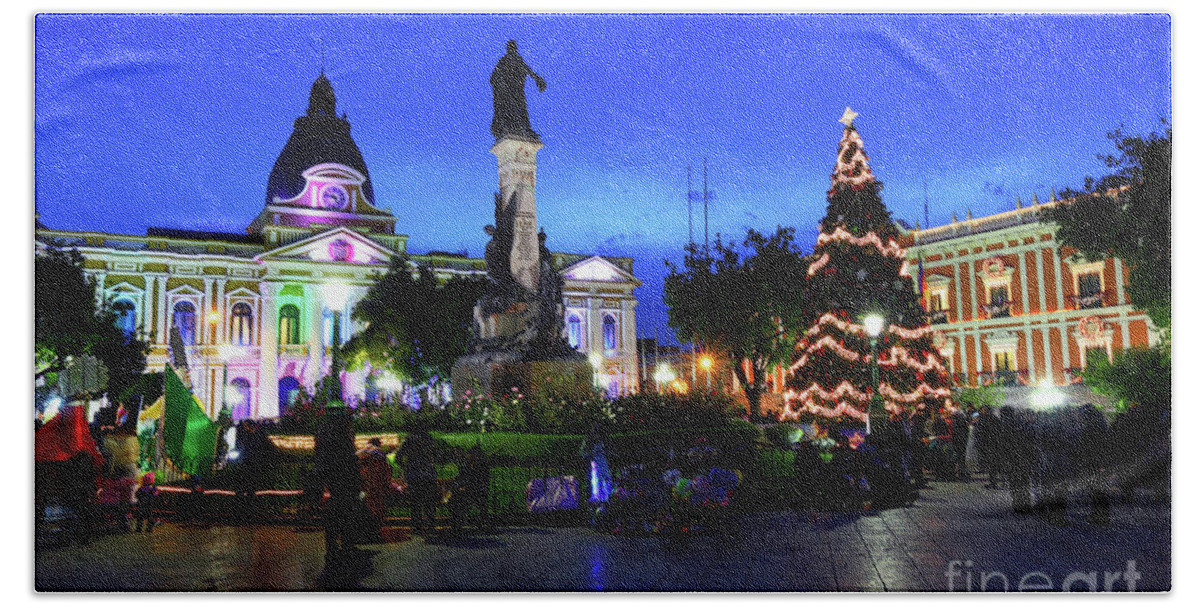Christmas Decorations Beach Towel featuring the photograph Christmas Decorations in Plaza Murillo La Paz Bolivia by James Brunker