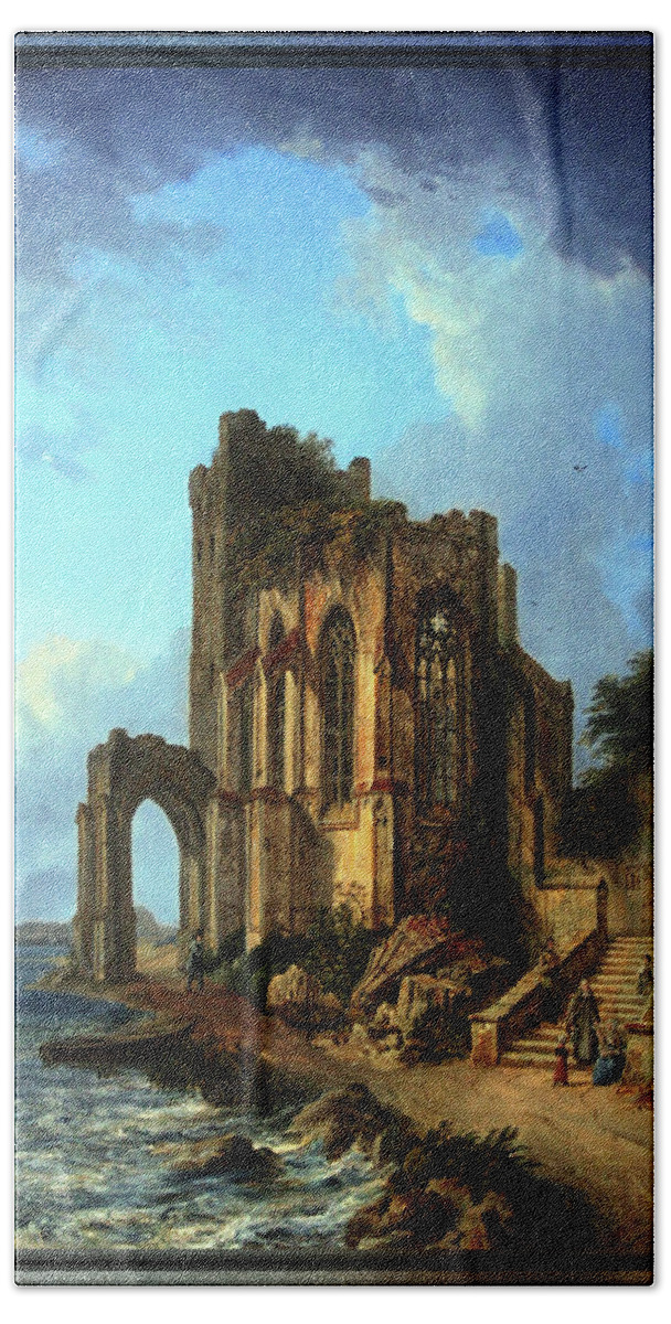 Church Ruins By The Sea Beach Towel featuring the painting Church Ruins By The Sea by Domenico Quaglio the Younger by Rolando Burbon