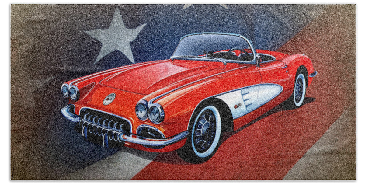 Art Beach Towel featuring the mixed media Classic Red Corvette C1 by Simon Read
