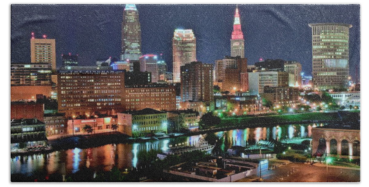 Cleveland Beach Towel featuring the photograph Cleveland Iconic Night Lights by Frozen in Time Fine Art Photography