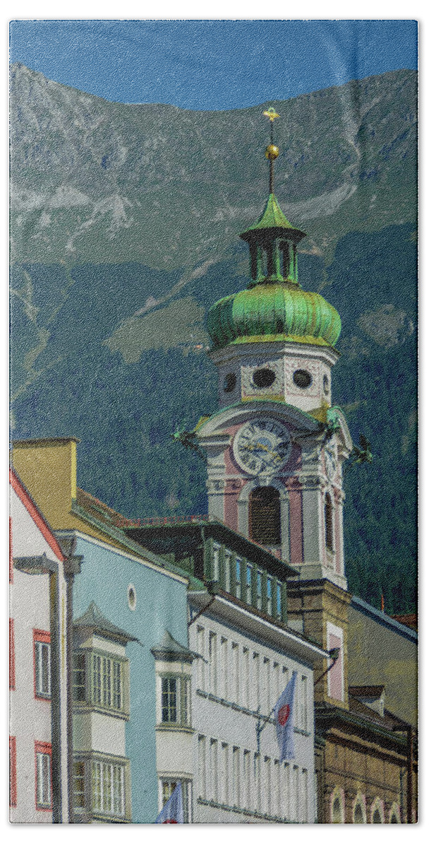 Austria Beach Towel featuring the photograph Clock Tower of Innsbruck by Marcy Wielfaert
