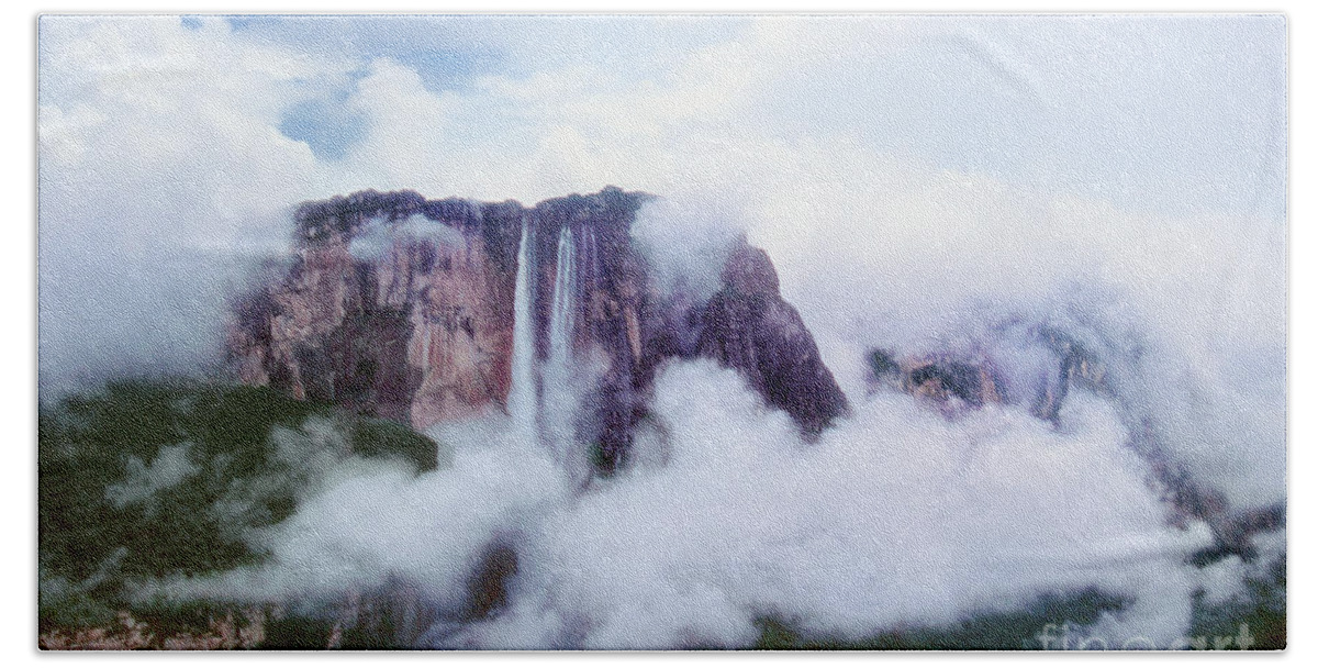 Dave Welling Beach Towel featuring the photograph Clouds Cover Angel Falls In Canaima Np Venezuela by Dave Welling