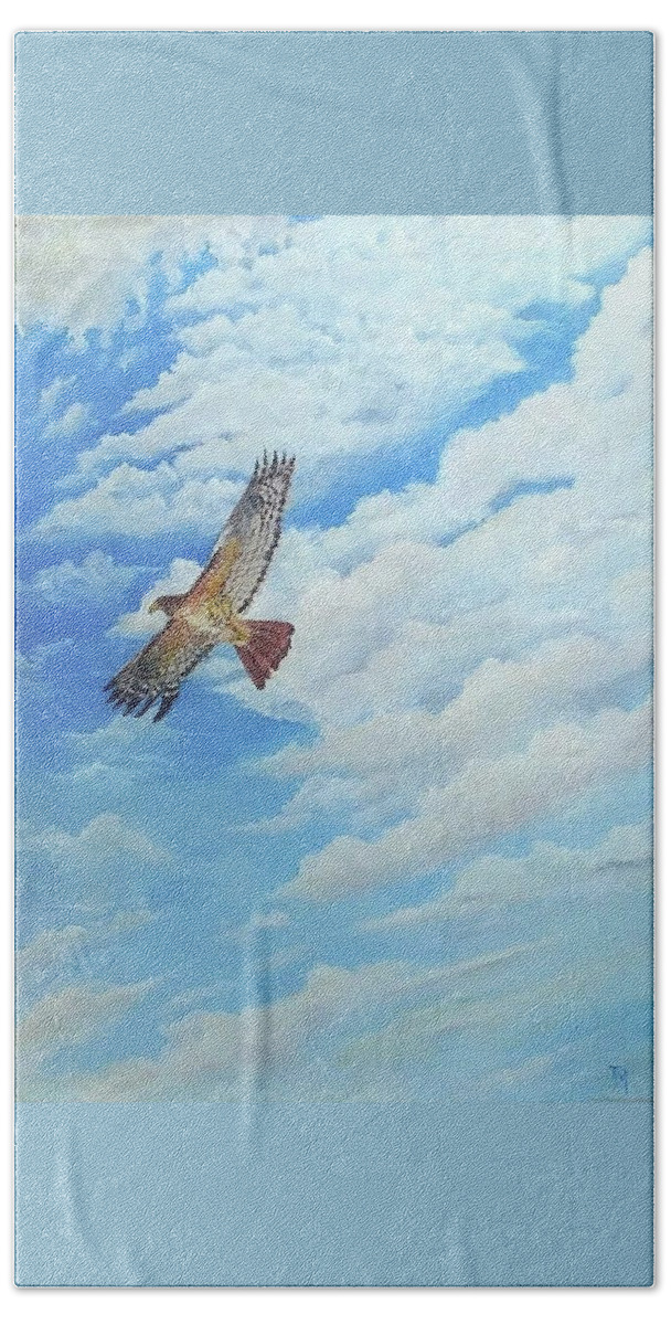 Hawk; Bird; Clouds; Cloudy; Flying; Flight. Beach Towel featuring the painting Cloudy Day Flight by Teri Merrill