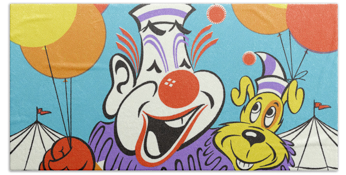Animal Beach Towel featuring the drawing Clown with Circus Dog and Balloons by CSA Images