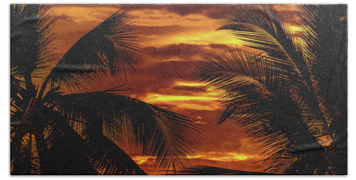 Hawaii Beach Towel featuring the photograph Colorful Clouds behind Palms by John Bauer