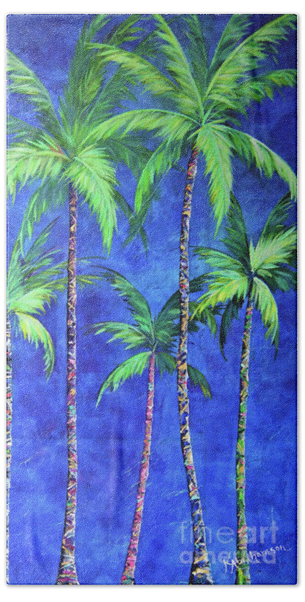 Princeville Palms Beach Towel featuring the painting Colorful Family of Five Palms by Kristen Abrahamson