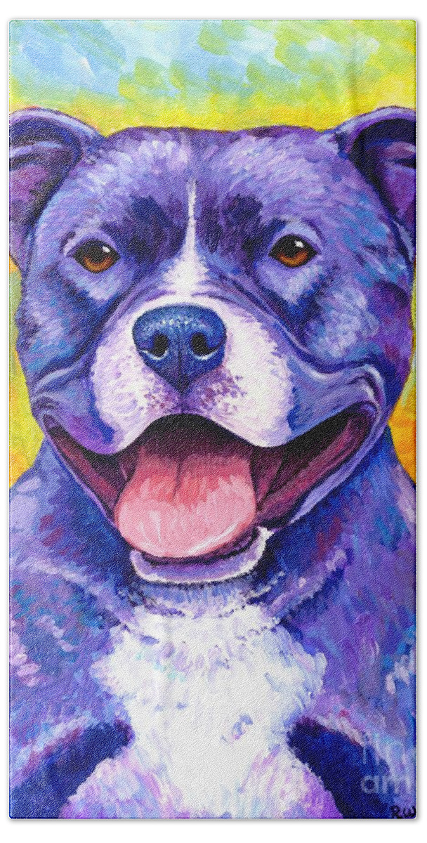 Pitbull Beach Towel featuring the painting Peppy Purple Pitbull Terrier Dog by Rebecca Wang