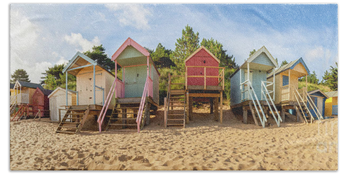 Beach Huts Beach Towel featuring the photograph Norfolk England beach huts sunrise panoramic view by Simon Bratt