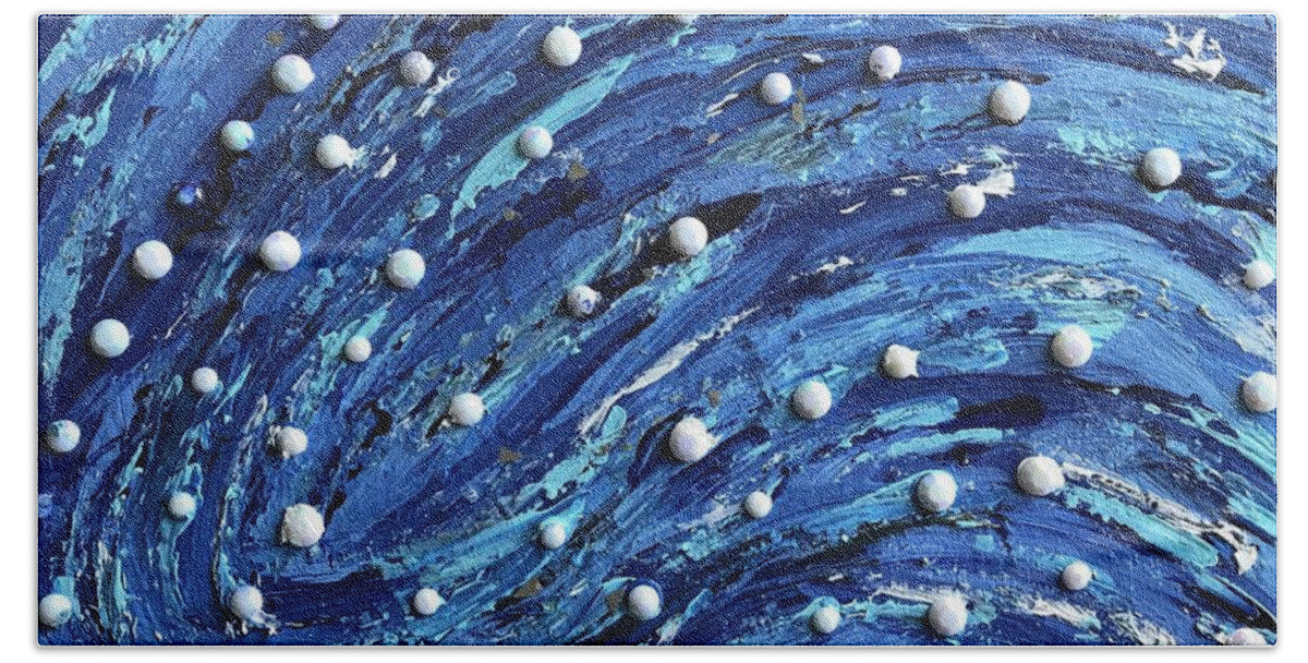 Peal Blue Comet Stars Cosmic Beach Towel featuring the painting Comet by Medge Jaspan