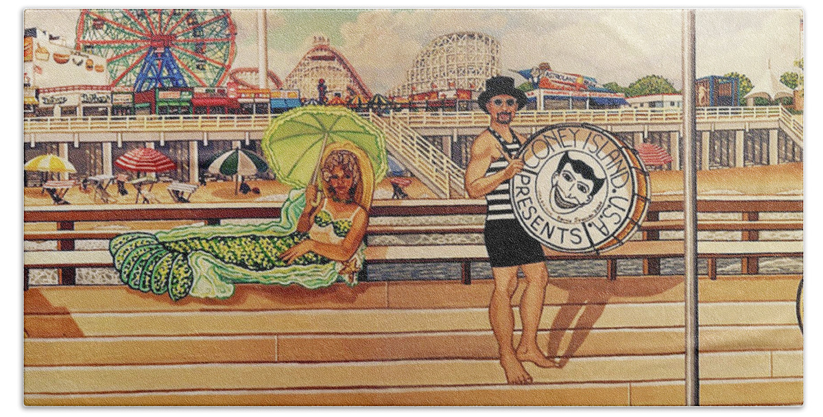  Beach Towel featuring the painting Coney Island Boardwalk Pillow Mural #4 by Bonnie Siracusa