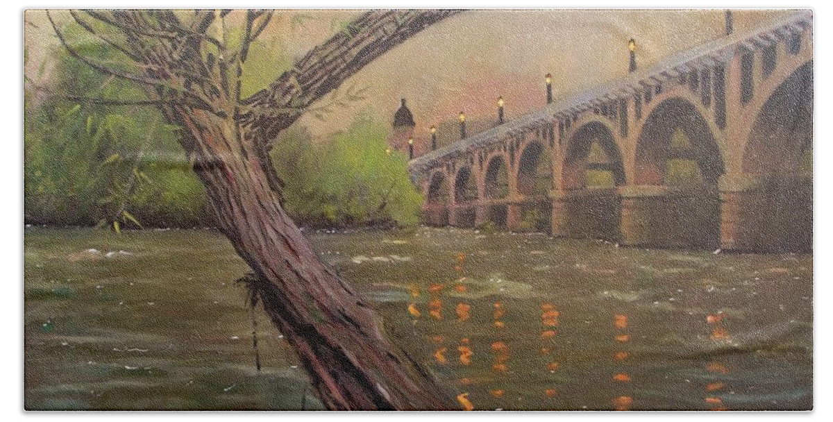 Gervais Street Bridge Beach Towel featuring the painting Congaree Bridge in Golds by Blue Sky