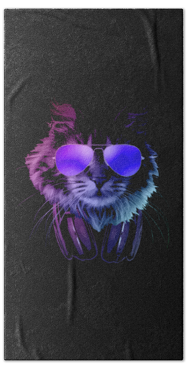 Cat Beach Towel featuring the digital art Cool DJ Furry Cat In Neon Lights by Filip Schpindel